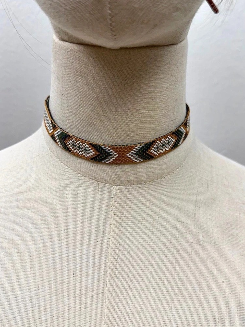 Brown Green Woven Choker Necklace Geometric Boho Western Adjustable Necklace
